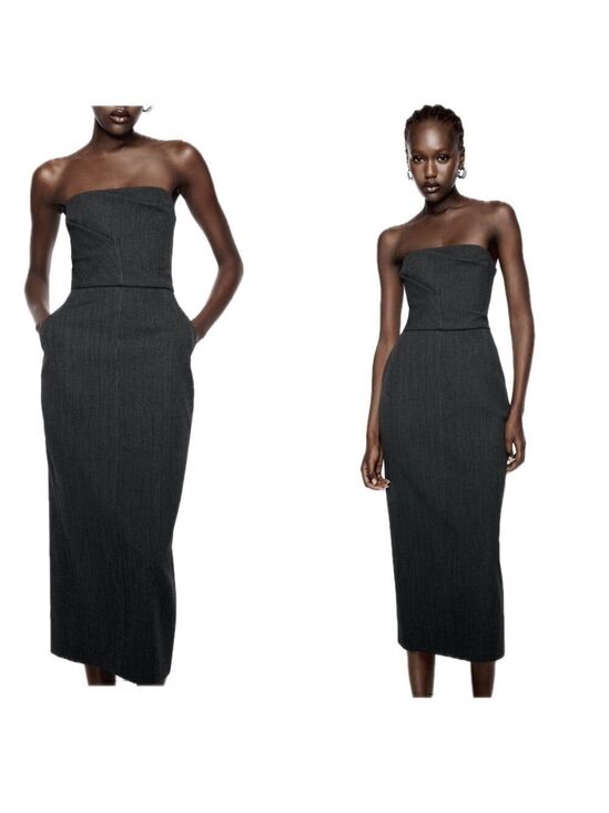 Zara Dresses & Skirts - Zara gray strapless midi pencil dress pockets slit Sz S NWT